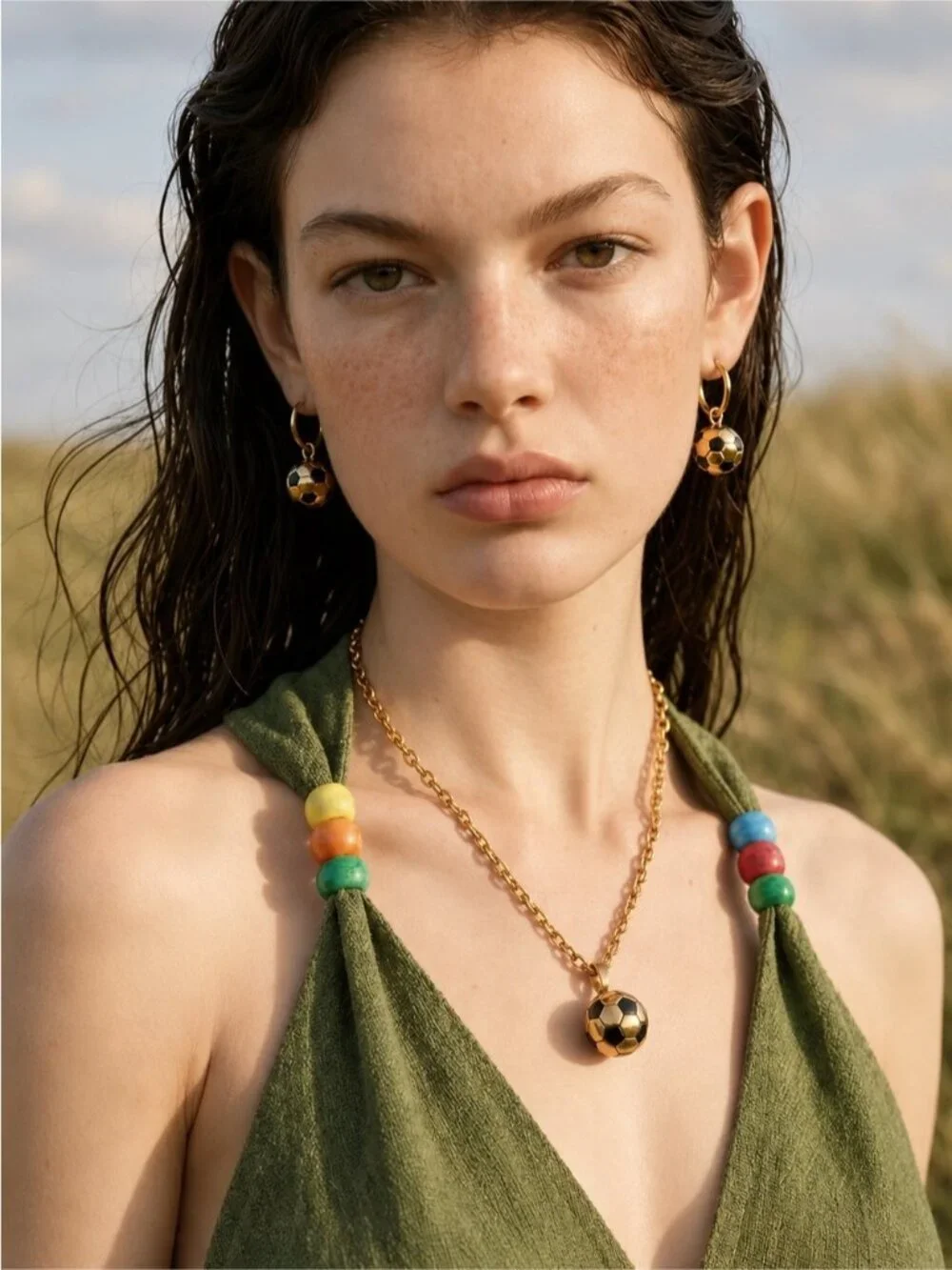 Gold and Black Soccer Ball Pendant Necklace with Matching Hoops